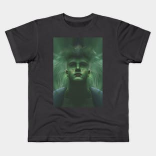 Portrait, digital collage, special processing. Dark, strong. Guy face looking up high. Fantasy. Aquamarine, energy flows. Kids T-Shirt